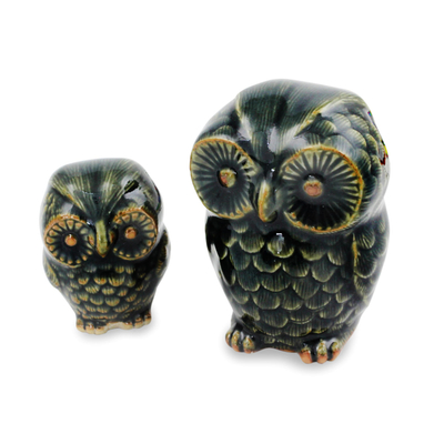 Celadon ceramic figurines, 'Little Green Owls' (pair) - Celadon Ceramic Figurines from Thailand (pair)