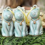 Celadon ceramic ornaments, 'Light Blue Festive Cats' (set of 3) - Artisan Crafted Celadon Ceramic Ornaments (set of 3)