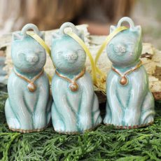 Artisan Crafted Celadon Ceramic Ornaments (set of 3), 'Light Blue Festive Cats'