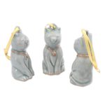 Celadon ceramic ornaments, 'Light Blue Festive Cats' (set of 3) - Artisan Crafted Celadon Ceramic Ornaments (set of 3)