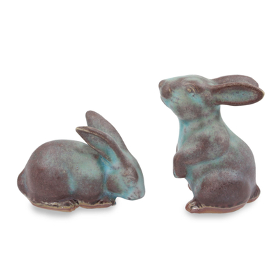 Ceramic figurines, 'Joyful Rabbits' (pair) - Handcrafted Ceramic Rabbit Figurines in Turquoise (pair)