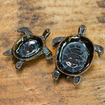 Ceramic bowls, 'Indigo Thai Turtles' (pair) - Handcrafted Ceramic Bowls from Thailand (pair)