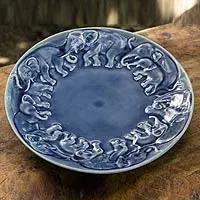 Celadon ceramic plate, Blue Elephant Herd