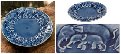Celadon ceramic plate, 'Blue Elephant Herd' - Celadon Ceramic Plate from Thailand