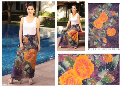 Cotton batik sarong, 'Thai Rose Garden' - Cotton Batik Sarong Purple and Gold
