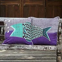 Cotton batik cushion covers, 'Lucky Thai Fish' (pair)