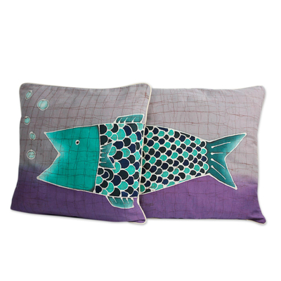Cotton batik cushion covers, 'Lucky Thai Fish' (pair) - Handmade Cotton Batik Cushion Covers (Pair)