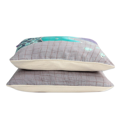 Cotton batik cushion covers, 'Lucky Thai Fish' (pair) - Handmade Cotton Batik Cushion Covers (Pair)