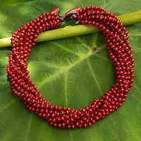 Wood torsade necklace, 'Bangkok Belle' - Red Torsade Necklace Wood Beaded Jewelry