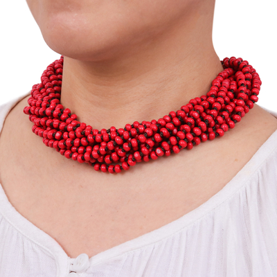 Wood torsade necklace, 'Bangkok Belle' - Red Torsade Necklace Wood Beaded Jewelry