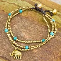 Pulsera con cuentas de latón, 'Thai Elephant Charm' - Pulsera de latón Joyas con cuentas de gemas de color turquesa