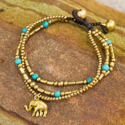 Brass beaded bracelet, 'Thai Elephant Charm' - Brass Bracelet Turquoise-color Gems Beaded Jewellery