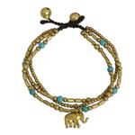 Brass beaded bracelet, 'Thai Elephant Charm' - Brass Bracelet Turquoise-color Gems Beaded Jewelry