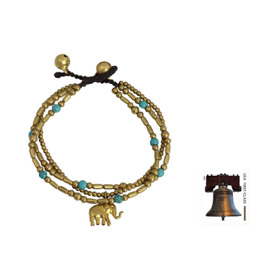 Brass beaded bracelet, 'Thai Elephant Charm' - Brass Bracelet Turquoise-color Gems Beaded Jewelry