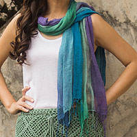 Silk scarves, 'Blue Fantasy' (pair) - Hand Crafted Spun Silk Scarves (Pair)