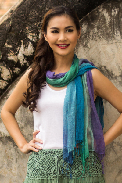 Silk scarves, 'Blue Fantasy' (pair) - Fair Trade Hand Spun Silk Scarves (Pair)