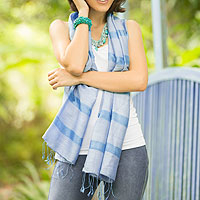 Silk blend scarf, 'Blue Harmony'