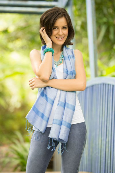 Silk and cotton scarf, 'Blue Harmony' - Handwoven Cotton and Silk Scarf