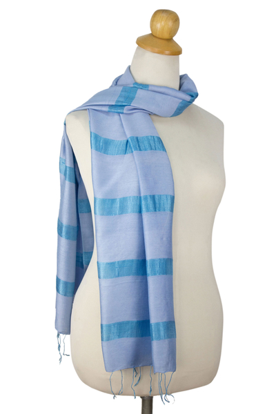 Silk blend scarf, 'Blue Harmony' - Handwoven Rayon and Silk Scarf