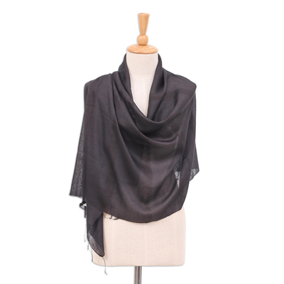 Silk blend scarf, 'Black Harmony' - Handwoven Rayon and Silk Scarf