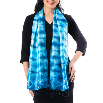 Silk scarf, 'Azure Mystique' - Silk Tie Dye Scarf from Thailand