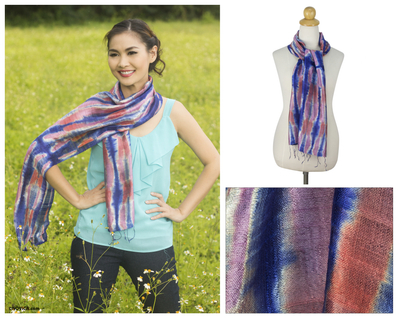 Pañuelo de seda - Pañuelo de seda azul y rosa con efecto tie dye de Tailandia