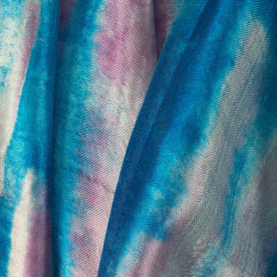 Silk scarf, 'Azure Thai River' - Blue and Pink Tie Dye Silk Scarf