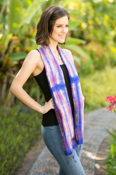 Silk scarf, 'Purple Thai River' - Tie Dye Purple and Pink Silk Scarf from Thailand