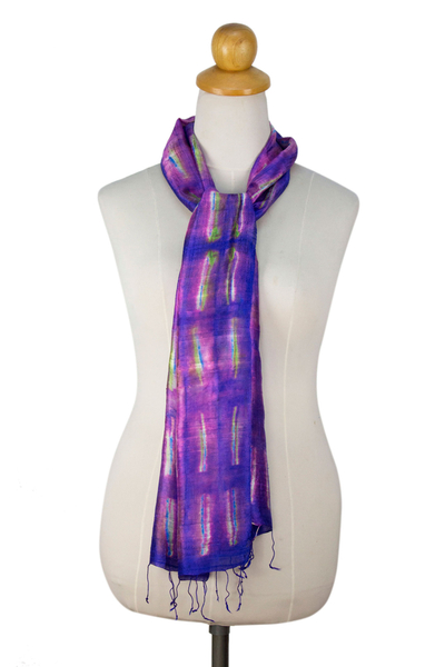 Silk scarf, 'Purple Thai River' - Tie Dye Purple and Pink Silk Scarf from Thailand