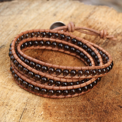 Smoky quartz wrap bracelet, 'Joyful Life' - Smoky Quartz and Leather Wrap Bracelet Thai Jewelry