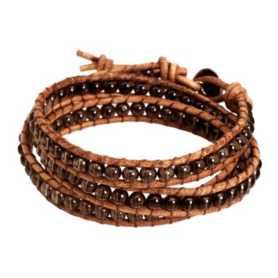 Smoky quartz wrap bracelet, 'Joyful Life' - Smoky Quartz and Leather Wrap Bracelet Thai Jewelry