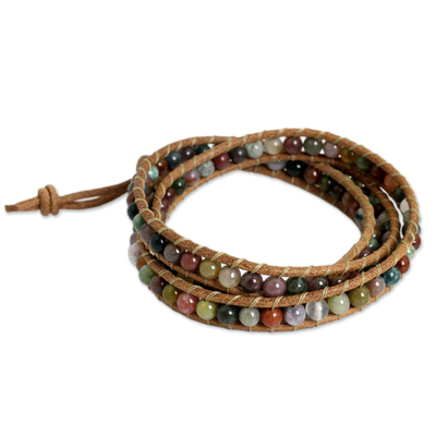 Multi-colored Jasper and Leather Wrap Bracelet - Inner Harmony | NOVICA