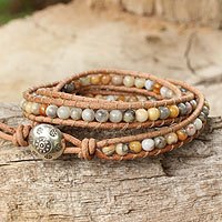 Jasper wrap bracelet, 'Inner Balance' - Handcrafted Beaded Leather Wrap from Thailand