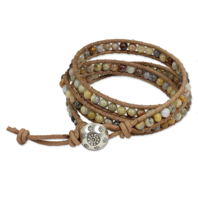 Jasper wrap bracelet, 'Inner Balance' - Jasper and Leather Wrap Bracelet Thai Artisan Jewelry