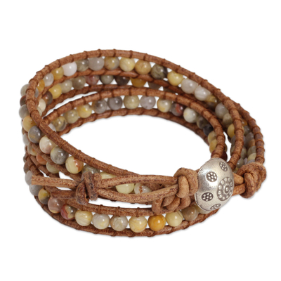 Jasper wrap bracelet, 'Inner Balance' - Jasper and Leather Wrap Bracelet Thai Artisan Jewellery
