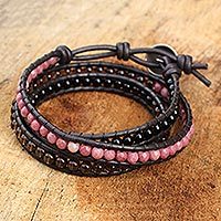 Multi-gemstone wrap bracelet, 'Elegant Enigma' - Onyx Rhodonite Smoky Quartz and Leather Bracelet