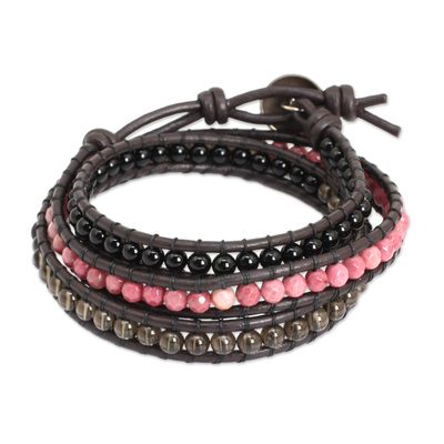 Multi-gemstone wrap bracelet, 'Elegant Enigma' - Onyx Rhodonite Smoky Quartz and Leather Bracelet