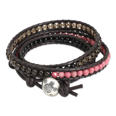 Multi-gemstone wrap bracelet, 'Elegant Enigma' - Onyx Rhodonite Smoky Quartz and Leather Bracelet