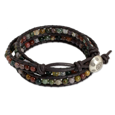 Jasper wrap bracelet, 'Inner Nature' - Multi-colored Jasper and Leather Wrap Bracelet