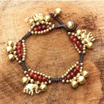 Carnelian charm bracelet, 'Fortune's Melody' - Elephant and Bell Charm Bracelet in Carnelian and Brass