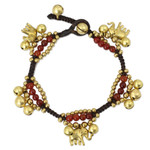 Carnelian charm bracelet, 'Fortune's Melody' - Elephant and Bell Charm Bracelet in Carnelian and Brass