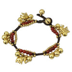 Carnelian charm bracelet, 'Fortune's Melody' - Elephant and Bell Charm Bracelet in Carnelian and Brass