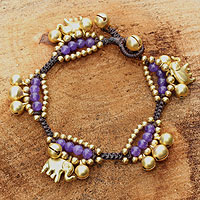 Brass charm bracelet, 'Fortune's Melody' - Elephant and Bell Charm Bracelet in Purple Quartz and Brass