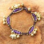 Brass charm bracelet, 'Fortune's Melody' - Elephant and Bell Charm Bracelet in Purple Quartz and Brass