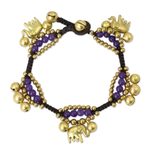 Brass charm bracelet, 'Fortune's Melody' - Elephant and Bell Charm Bracelet in Purple Quartz and Brass