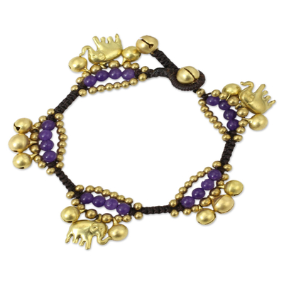 Brass charm bracelet, 'Fortune's Melody' - Elephant and Bell Charm Bracelet in Purple Quartz and Brass