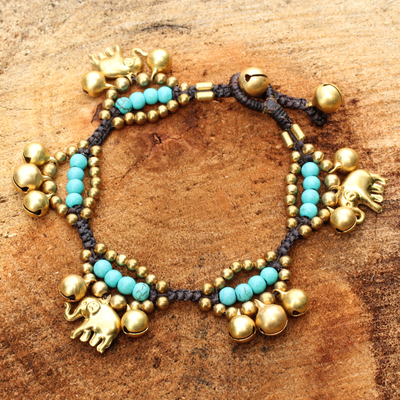 Brass charm bracelet, 'Fortune's Blue Melody' - Elephant and Bell Charm Bracelet in Blue Gems and Brass