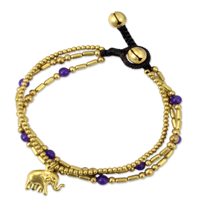 Brass beaded bracelet, 'Purple Elephant Charm' - Brass Bracelet Purple-color Gems Beaded Jewelry