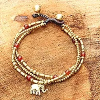 Carnelian beaded bracelet, 'Thai Elephant Charm' - Brass Bracelet Carnelian Gems Beaded Jewelry