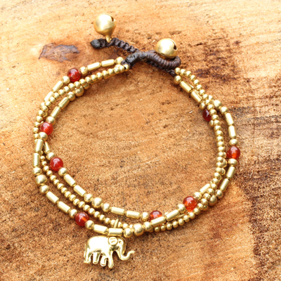 Carnelian beaded bracelet, 'Thai Elephant Charm' - Brass Bracelet Carnelian Gems Beaded Jewelry